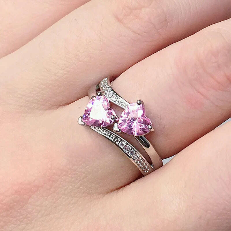 KIMLUD, New Stylish Female Rings Silver-plated Double Heart-Shaped Cubic Zircons Wedding Ring for Women Girls Nice Gift Birthday, B2616 / 6, KIMLUD APPAREL - Womens Clothes