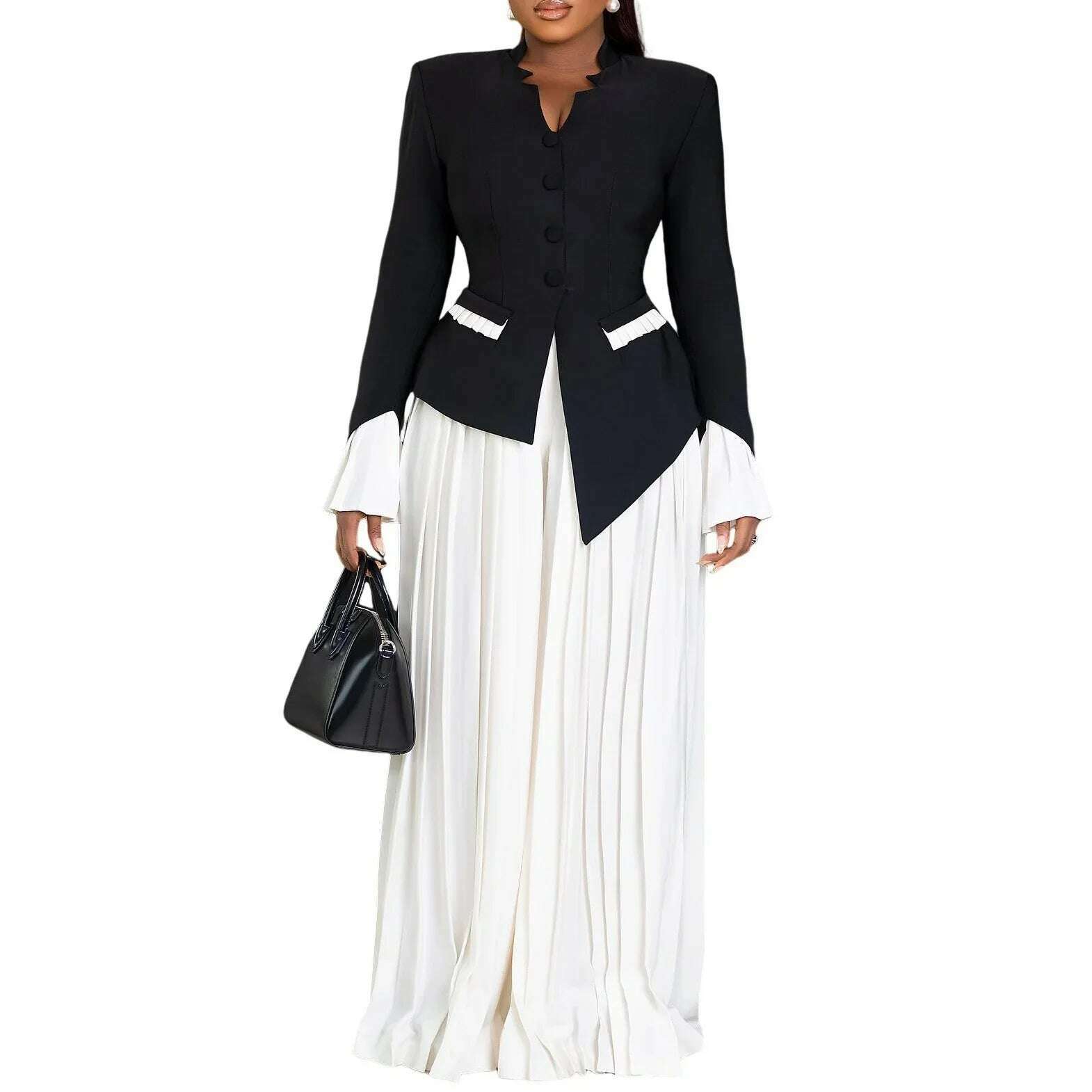 New Stylish Flared Sleeve Top Pleated Wide-leg Pants Two-piece African Suit - KIMLUD