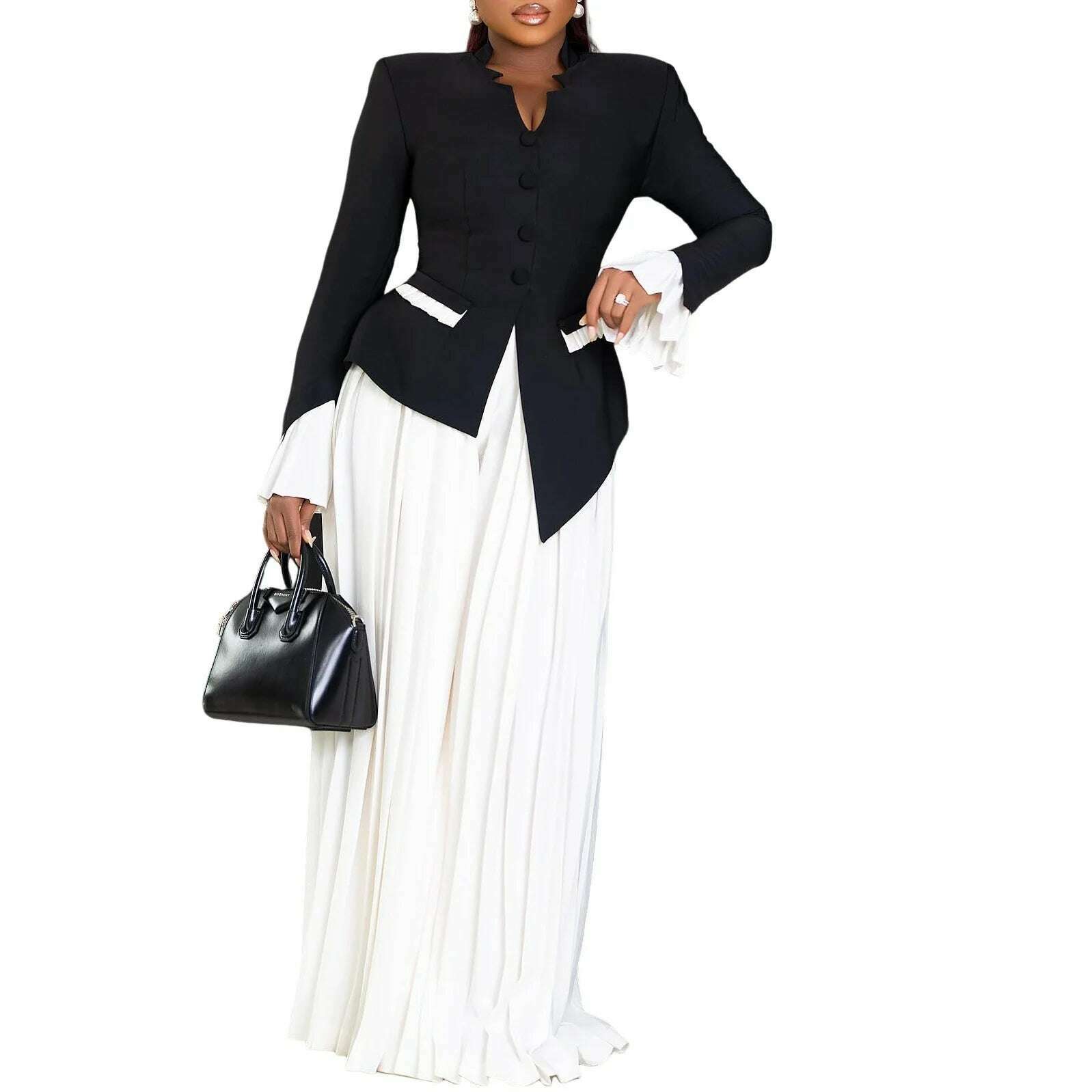 New Stylish Flared Sleeve Top Pleated Wide-leg Pants Two-piece African Suit - KIMLUD