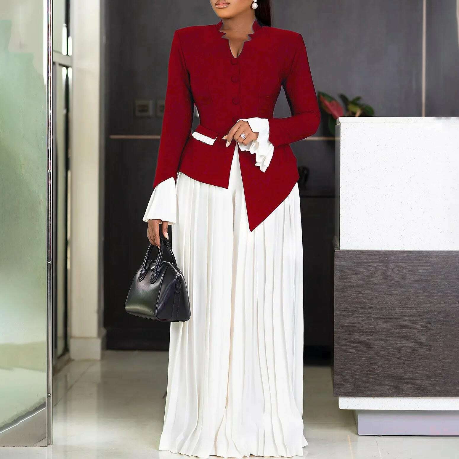New Stylish Flared Sleeve Top Pleated Wide-leg Pants Two-piece African Suit - KIMLUD