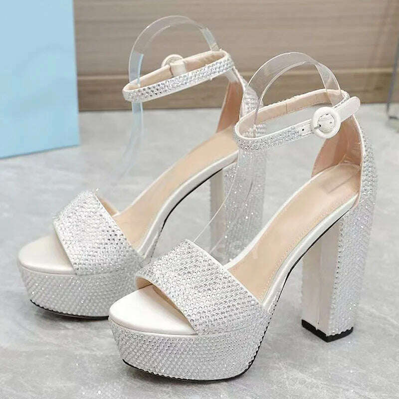 KIMLUD, New Summer Classic Fashion Rhinestone Buckle High Heel Thick Sole Sandals Women Round Head Fashion Party Dress High Heels Shoes, white / 35, KIMLUD APPAREL - Womens Clothes