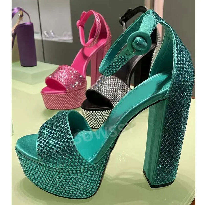 KIMLUD, New Summer Classic Fashion Rhinestone Buckle High Heel Thick Sole Sandals Women Round Head Fashion Party Dress High Heels Shoes, green / 35, KIMLUD APPAREL - Womens Clothes