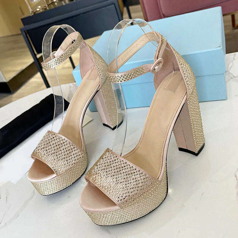 KIMLUD, New Summer Classic Fashion Rhinestone Buckle High Heel Thick Sole Sandals Women Round Head Fashion Party Dress High Heels Shoes, as show / 35, KIMLUD APPAREL - Womens Clothes