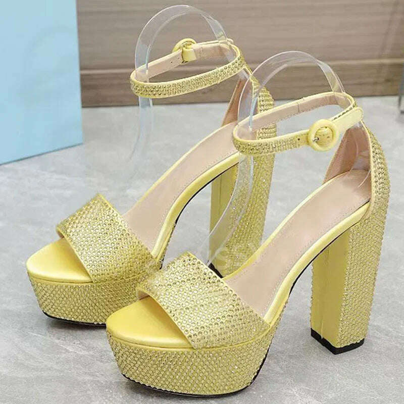 KIMLUD, New Summer Classic Fashion Rhinestone Buckle High Heel Thick Sole Sandals Women Round Head Fashion Party Dress High Heels Shoes, KIMLUD Womens Clothes