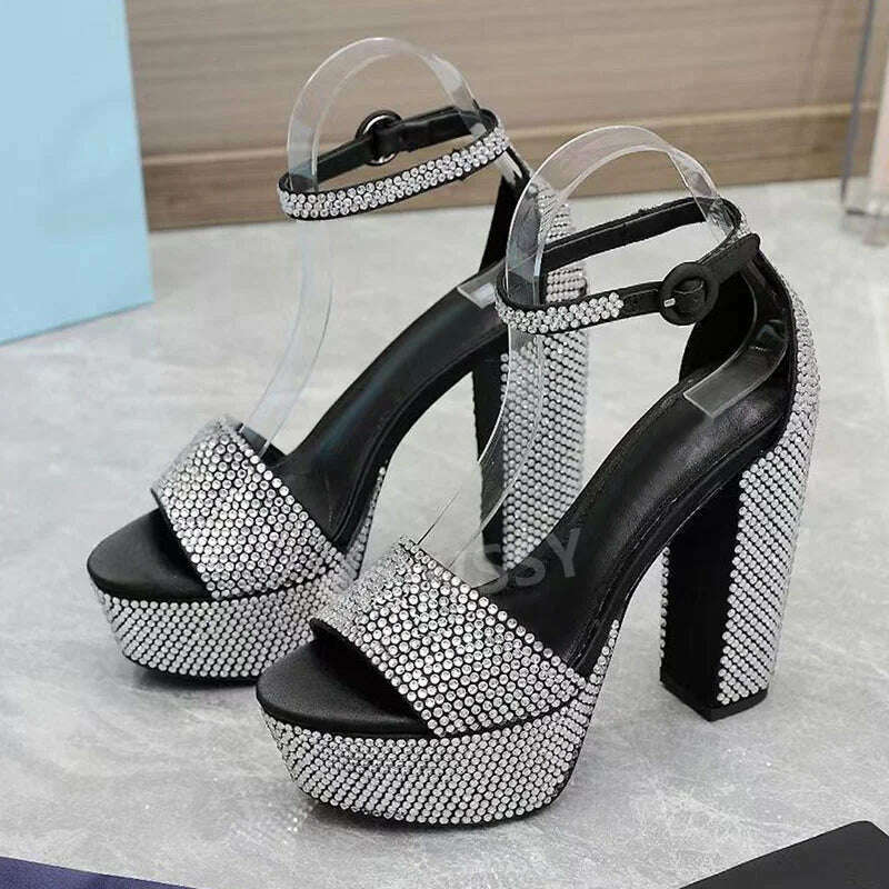KIMLUD, New Summer Classic Fashion Rhinestone Buckle High Heel Thick Sole Sandals Women Round Head Fashion Party Dress High Heels Shoes, KIMLUD Womens Clothes