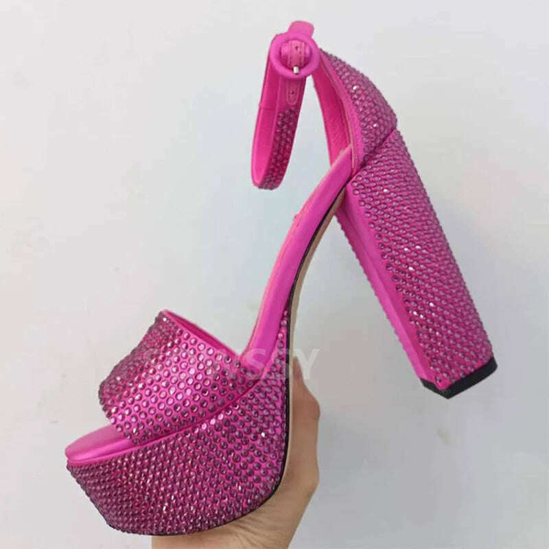 KIMLUD, New Summer Classic Fashion Rhinestone Buckle High Heel Thick Sole Sandals Women Round Head Fashion Party Dress High Heels Shoes, KIMLUD Womens Clothes