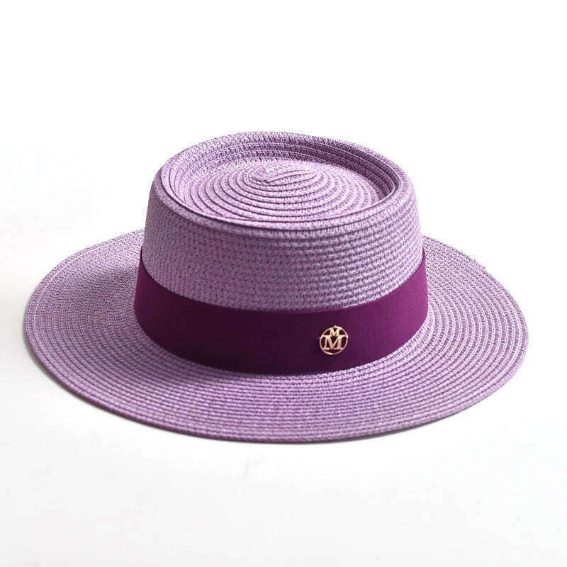KIMLUD, New Summer Straw Sun Hats for Women Ladies Fashion Flat Brim Ribbon Beach Hat Travel Dress Cap chapeau femme, light purple / 56-58CM, KIMLUD Womens Clothes