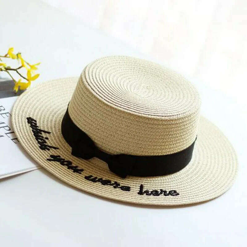 KIMLUD, New Summer Sun Hats Women Fashion Girl Straw Hat Ribbon Bow Beach Hat Casual Straw Flat Top Panama Hat Bone Feminino, KIMLUD Womens Clothes