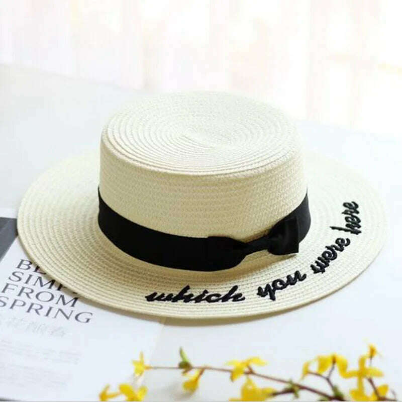 KIMLUD, New Summer Sun Hats Women Fashion Girl Straw Hat Ribbon Bow Beach Hat Casual Straw Flat Top Panama Hat Bone Feminino, KIMLUD Womens Clothes