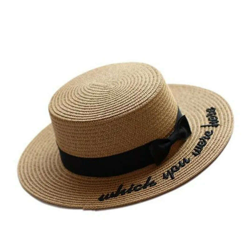 KIMLUD, New Summer Sun Hats Women Fashion Girl Straw Hat Ribbon Bow Beach Hat Casual Straw Flat Top Panama Hat Bone Feminino, KIMLUD Womens Clothes