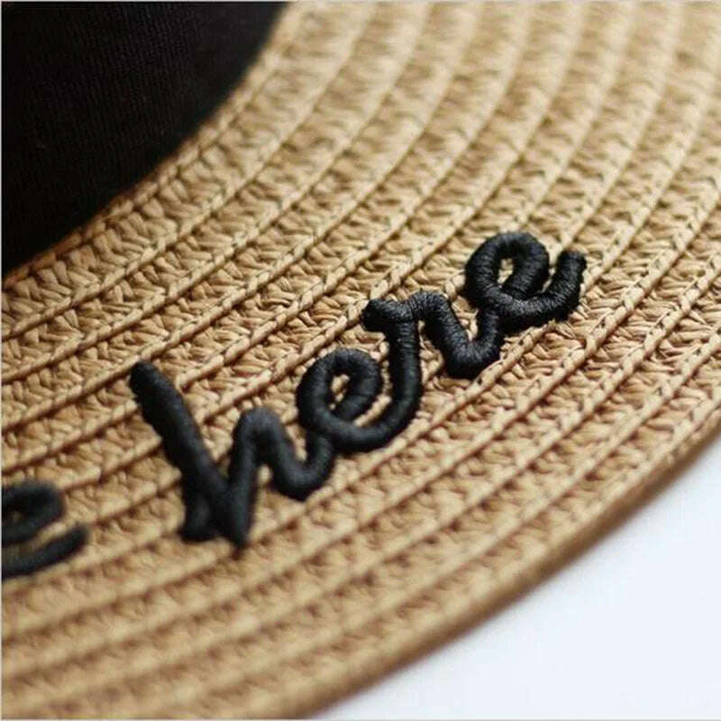 KIMLUD, New Summer Sun Hats Women Fashion Girl Straw Hat Ribbon Bow Beach Hat Casual Straw Flat Top Panama Hat Bone Feminino, KIMLUD Womens Clothes