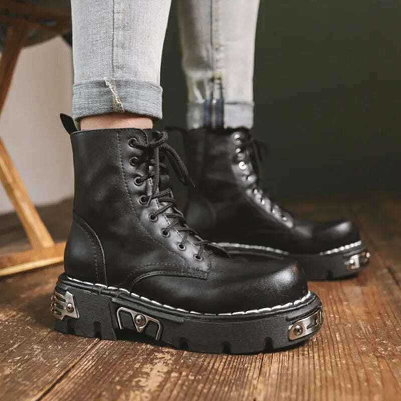 KIMLUD, New Thick Bottom Ankle Boots Fashion Boots Men Genuine Leather Motorcycle Boots Military Combat Boots Basic Boots Fashions Women, KIMLUD Womens Clothes