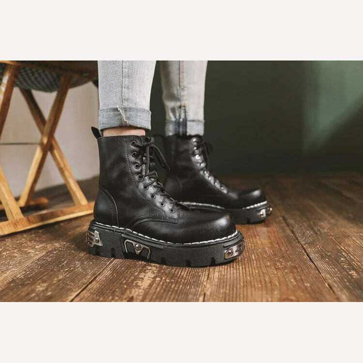 KIMLUD, New Thick Bottom Ankle Boots Fashion Boots Men Genuine Leather Motorcycle Boots Military Combat Boots Basic Boots Fashions Women, KIMLUD Womens Clothes