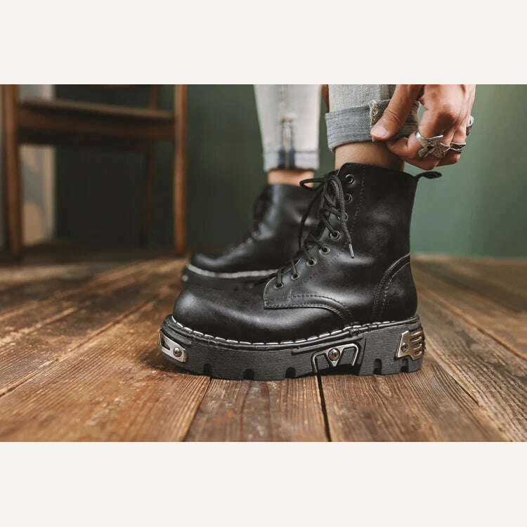 KIMLUD, New Thick Bottom Ankle Boots Fashion Boots Men Genuine Leather Motorcycle Boots Military Combat Boots Basic Boots Fashions Women, KIMLUD Womens Clothes