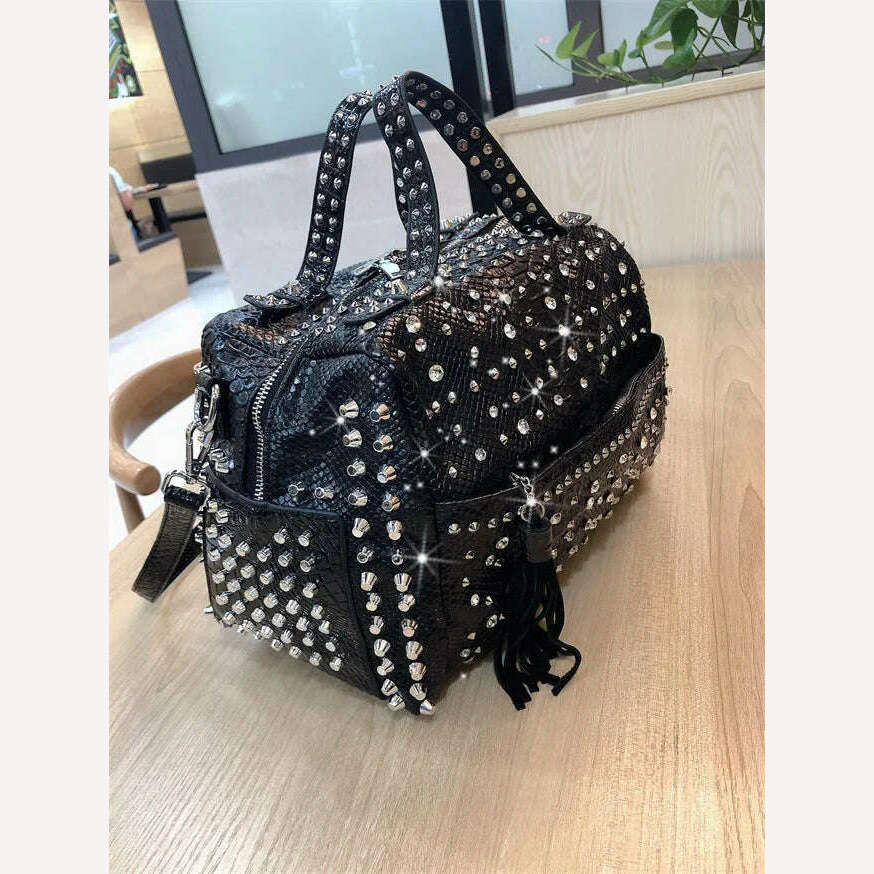 New trend handbags personality fashion retro leopard rhinestone handbag rivet shoulder bag ladies casual handbag Messenger bag - KIMLUD