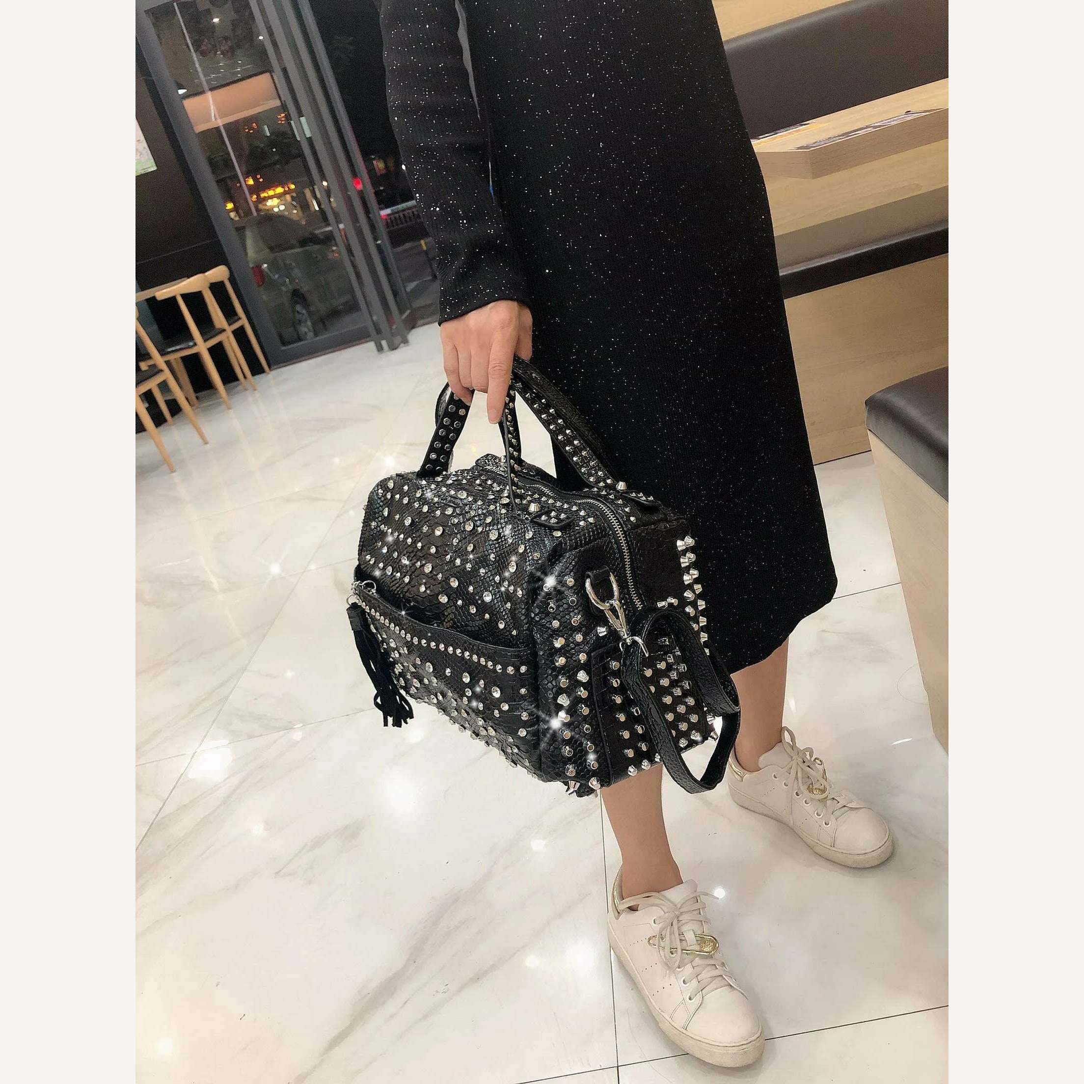 New trend handbags personality fashion retro leopard rhinestone handbag rivet shoulder bag ladies casual handbag Messenger bag - KIMLUD