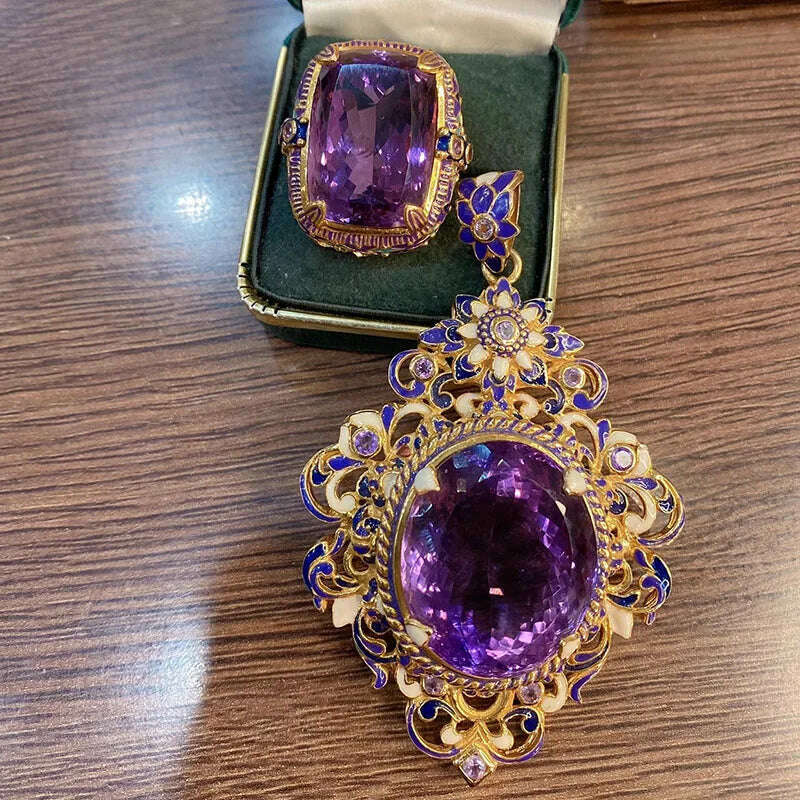 KIMLUD, New Vintage High Quality Oval Purple Stone Jewelry Sets For Women Luxury Medieval Enamel Hollow Out Big Pendant Necklaces Rings, KIMLUD Womens Clothes