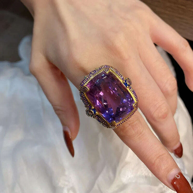KIMLUD, New Vintage High Quality Oval Purple Stone Jewelry Sets For Women Luxury Medieval Enamel Hollow Out Big Pendant Necklaces Rings, KIMLUD Womens Clothes