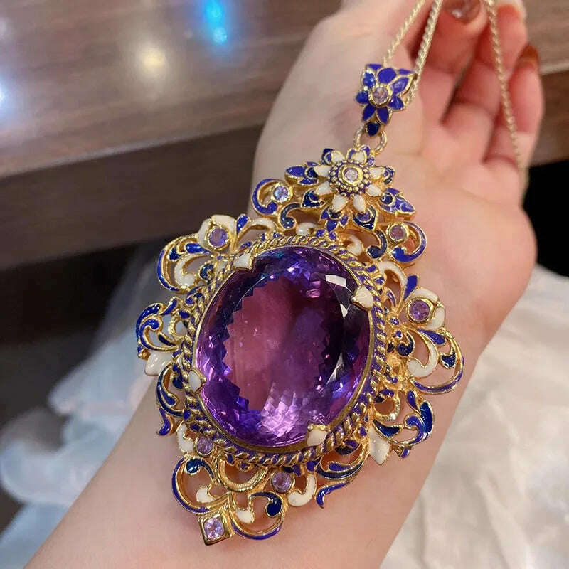 KIMLUD, New Vintage High Quality Oval Purple Stone Jewelry Sets For Women Luxury Medieval Enamel Hollow Out Big Pendant Necklaces Rings, Necklaces / resizable, KIMLUD APPAREL - Womens Clothes