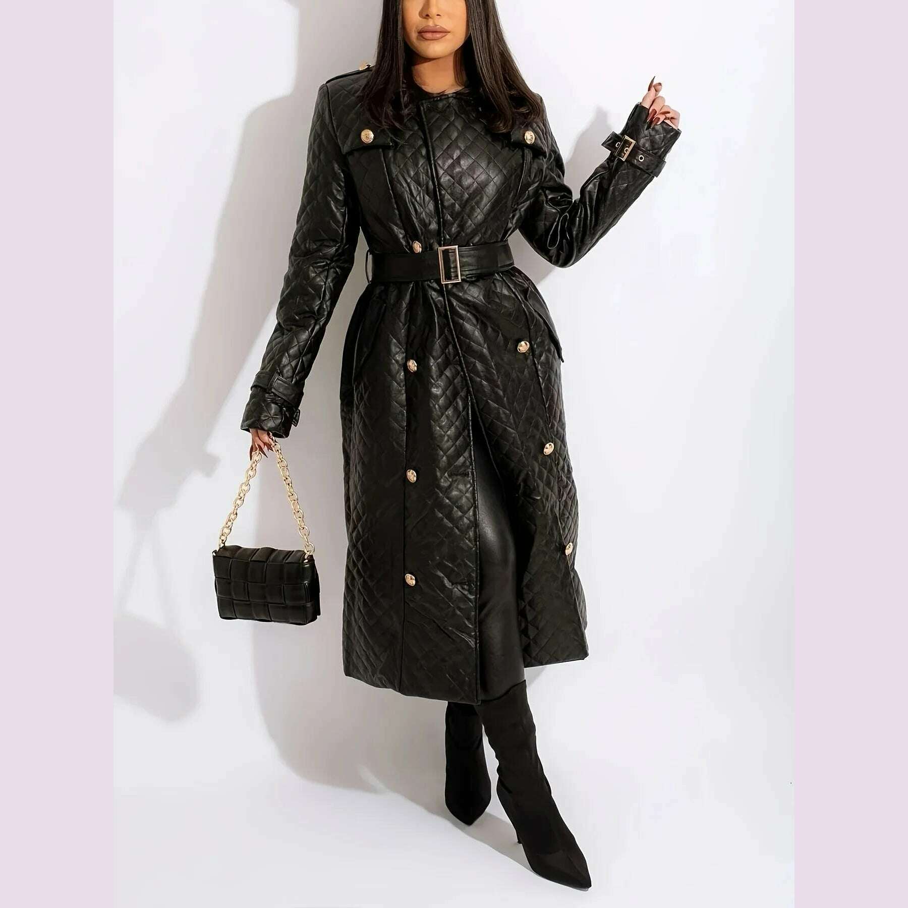 New Winter Luxury Design Double Breasted Black PU Leather Long Coats for Ladies Plus Size Quality Street Women Trench With Belt - KIMLUD