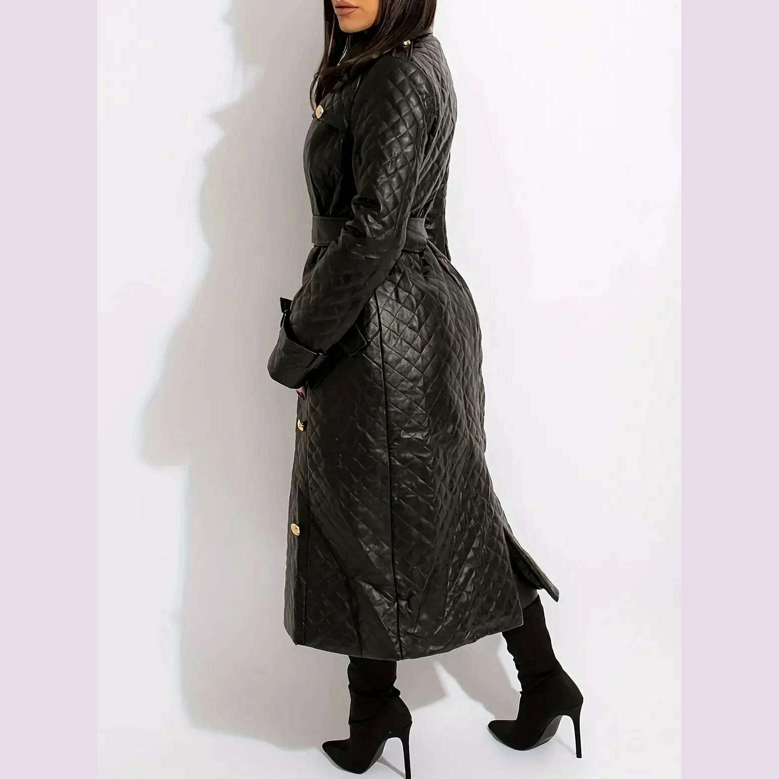 New Winter Luxury Design Double Breasted Black PU Leather Long Coats for Ladies Plus Size Quality Street Women Trench With Belt - KIMLUD