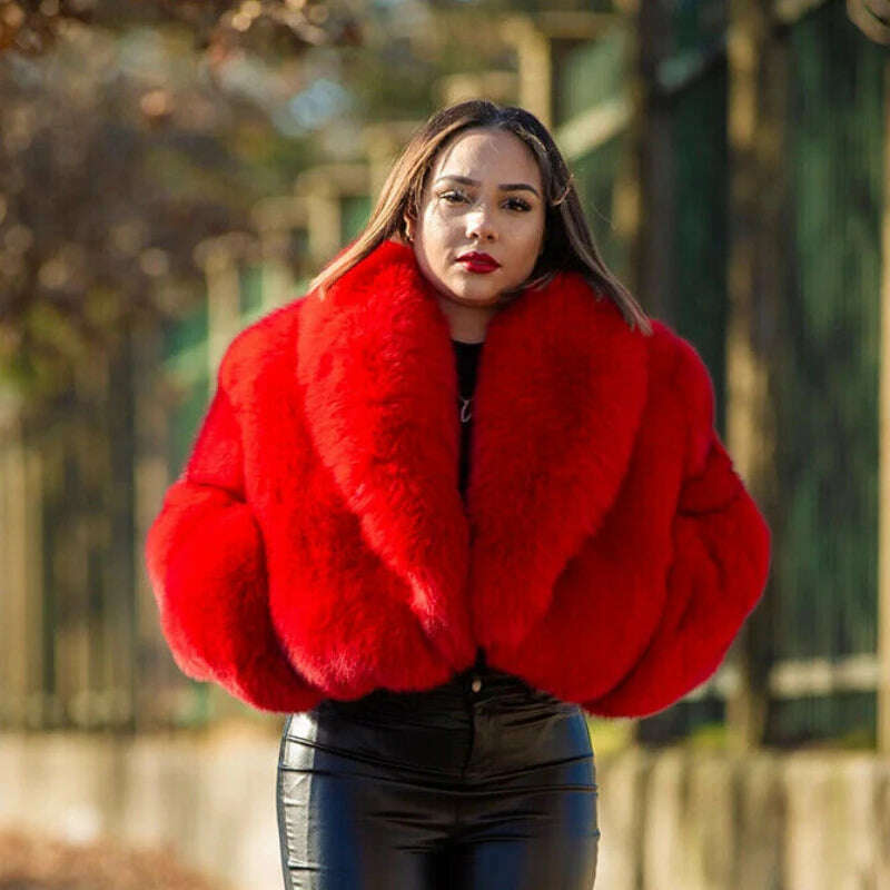 KIMLUD, New Winter Real Fox Fur Short Coat Women Fashion Solid Full Pelt Warm Jacket Female Natural Fox Fur Shawl Collar Thick Overcoats, red / S, KIMLUD APPAREL - Womens Clothes