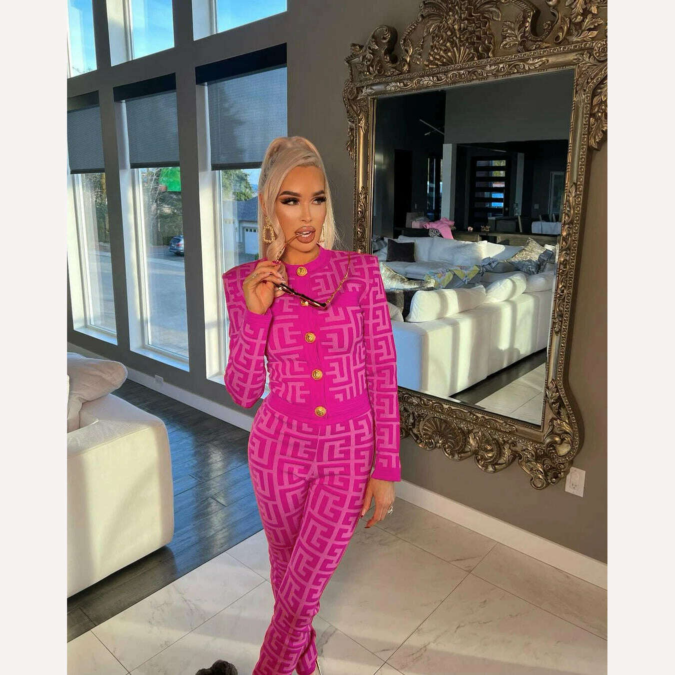 KIMLUD, New Winter Style Ladies Long Sleeve Button Sexy Bodycon Women's Set Coat Pants Fashion Celebrity Nightclub Party Set, KIMLUD Womens Clothes