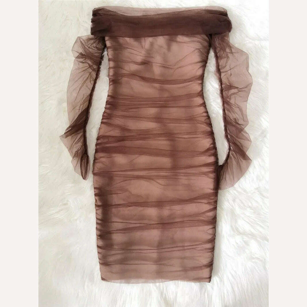 KIMLUD, New Woman Bandage Dress Vintage Vestios Brown Ruched Off Shoulder Mesh Bandage Dress Full Sleeves Autumn Woman Dress Elegant, KIMLUD Womens Clothes