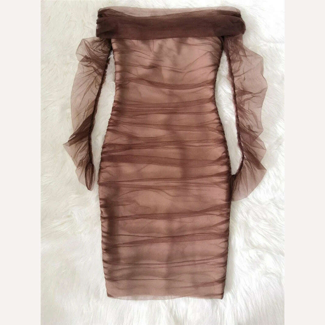 KIMLUD, New Woman Bandage Dress Vintage Vestios Brown Ruched Off Shoulder Mesh Bandage Dress Full Sleeves Autumn Woman Dress Elegant, KIMLUD Womens Clothes