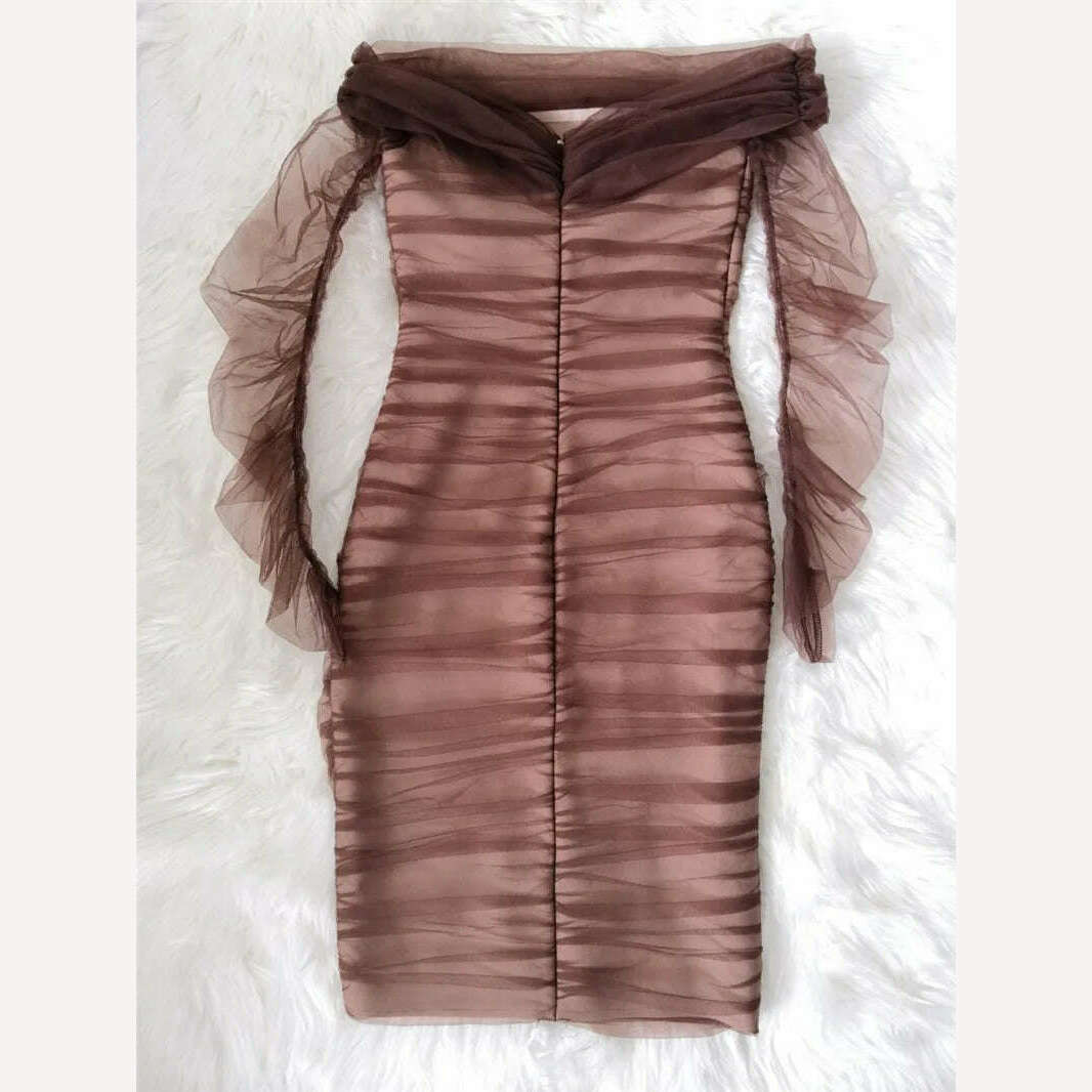 KIMLUD, New Woman Bandage Dress Vintage Vestios Brown Ruched Off Shoulder Mesh Bandage Dress Full Sleeves Autumn Woman Dress Elegant, KIMLUD Womens Clothes