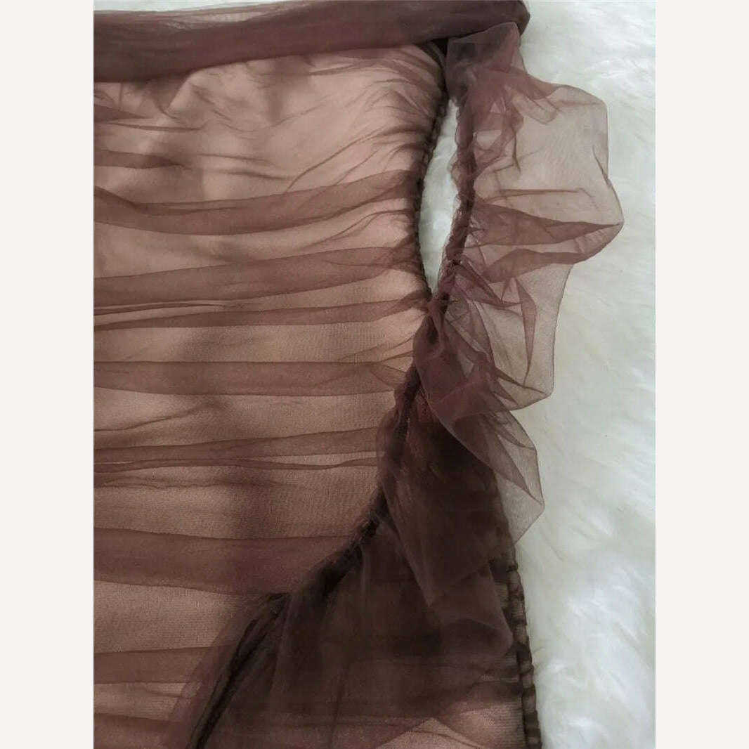 KIMLUD, New Woman Bandage Dress Vintage Vestios Brown Ruched Off Shoulder Mesh Bandage Dress Full Sleeves Autumn Woman Dress Elegant, KIMLUD Womens Clothes