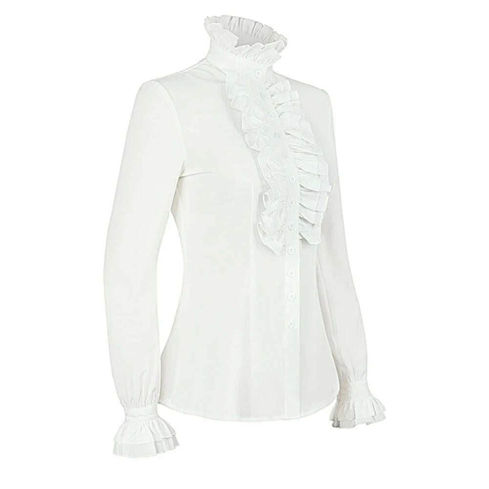 KIMLUD, New Women Autumn Long Sleeved Victorian Steampunk Button Blouse Vintage Shirt High Neck Solid Gothic Ruffle Sleeve Top Shirts, KIMLUD Womens Clothes