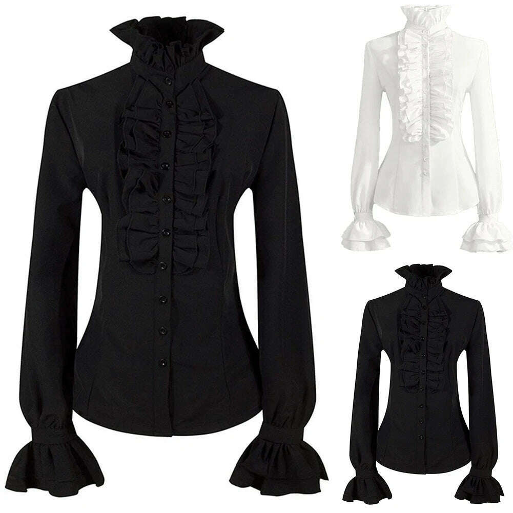KIMLUD, New Women Autumn Long Sleeved Victorian Steampunk Button Blouse Vintage Shirt High Neck Solid Gothic Ruffle Sleeve Top Shirts, KIMLUD Womens Clothes