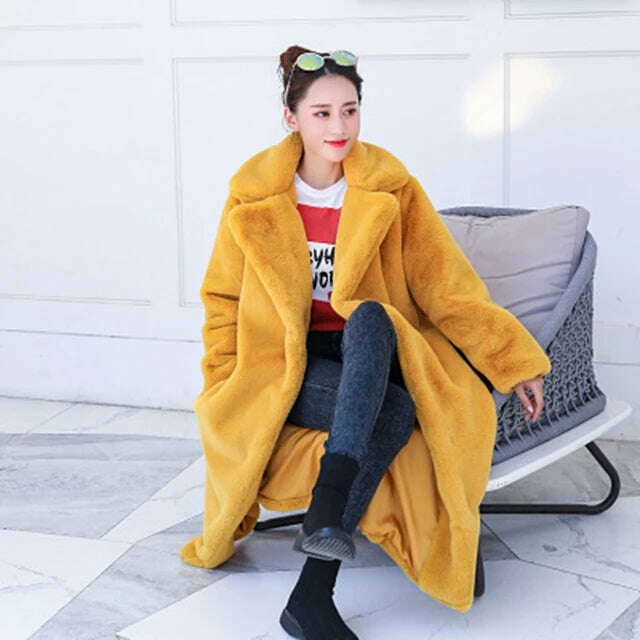 KIMLUD, New Women Autumn Winter Furry Warm Fur Outerwear Fashion Loose Faux Fur Rabbit Long Jacket Casual Thickened Fur Coat, Yellow / S, KIMLUD Womens Clothes