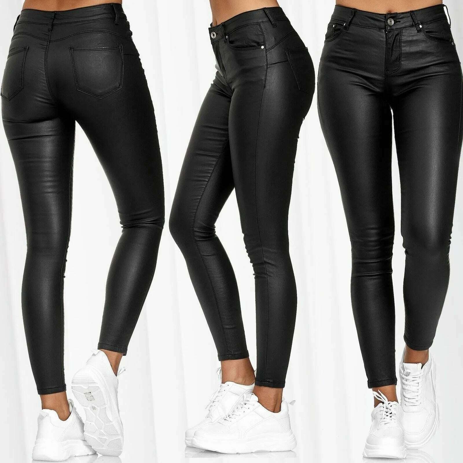 KIMLUD, New Women PU Leather Pants High Waist Skinny Push Up Leggings Elastic Trousers Spandex Jeggings Streetwear S-2XL, black / S, KIMLUD APPAREL - Womens Clothes