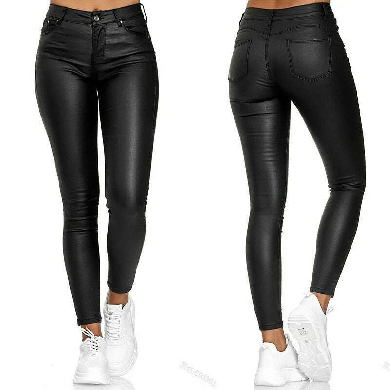 KIMLUD, New Women PU Leather Pants High Waist Skinny Push Up Leggings Elastic Trousers Spandex Jeggings Streetwear S-2XL, KIMLUD Womens Clothes
