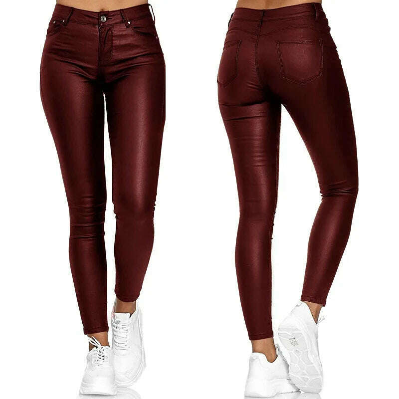 KIMLUD, New Women PU Leather Pants High Waist Skinny Push Up Leggings Elastic Trousers Spandex Jeggings Streetwear S-2XL, KIMLUD Womens Clothes