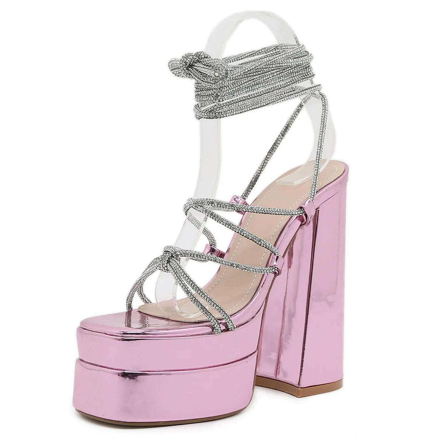 KIMLUD, New Women Sandansl High Heels Open Toe Ankle Strap Rhinestone Lace Up Gladiator Sandalias Platform Big Size Heeled, KIMLUD Womens Clothes