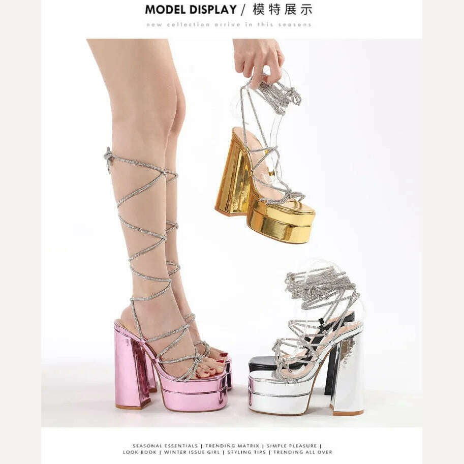 KIMLUD, New Women Sandansl High Heels Open Toe Ankle Strap Rhinestone Lace Up Gladiator Sandalias Platform Big Size Heeled, KIMLUD Womens Clothes