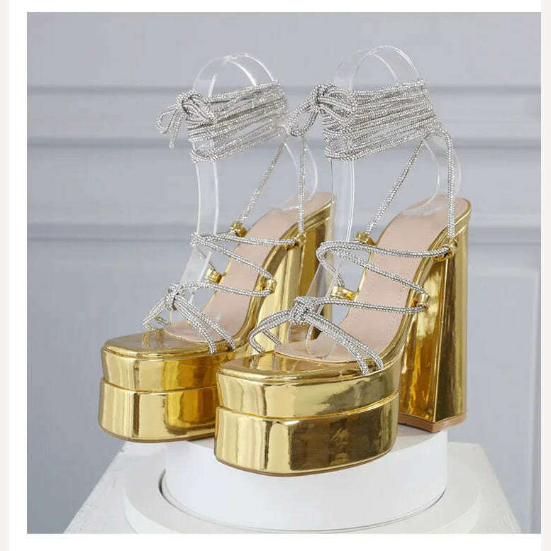 KIMLUD, New Women Sandansl High Heels Open Toe Ankle Strap Rhinestone Lace Up Gladiator Sandalias Platform Big Size Heeled, KIMLUD Womens Clothes