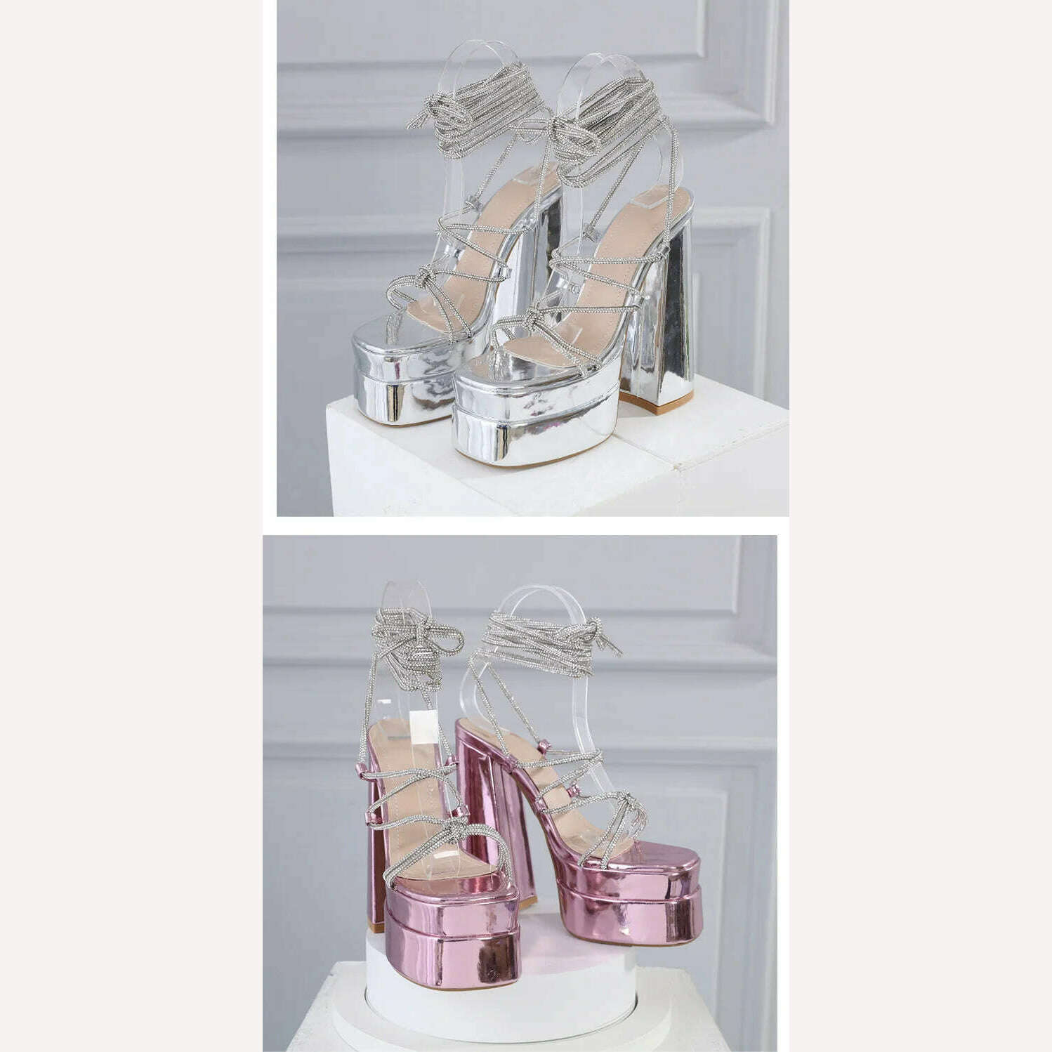 KIMLUD, New Women Sandansl High Heels Open Toe Ankle Strap Rhinestone Lace Up Gladiator Sandalias Platform Big Size Heeled, KIMLUD Womens Clothes