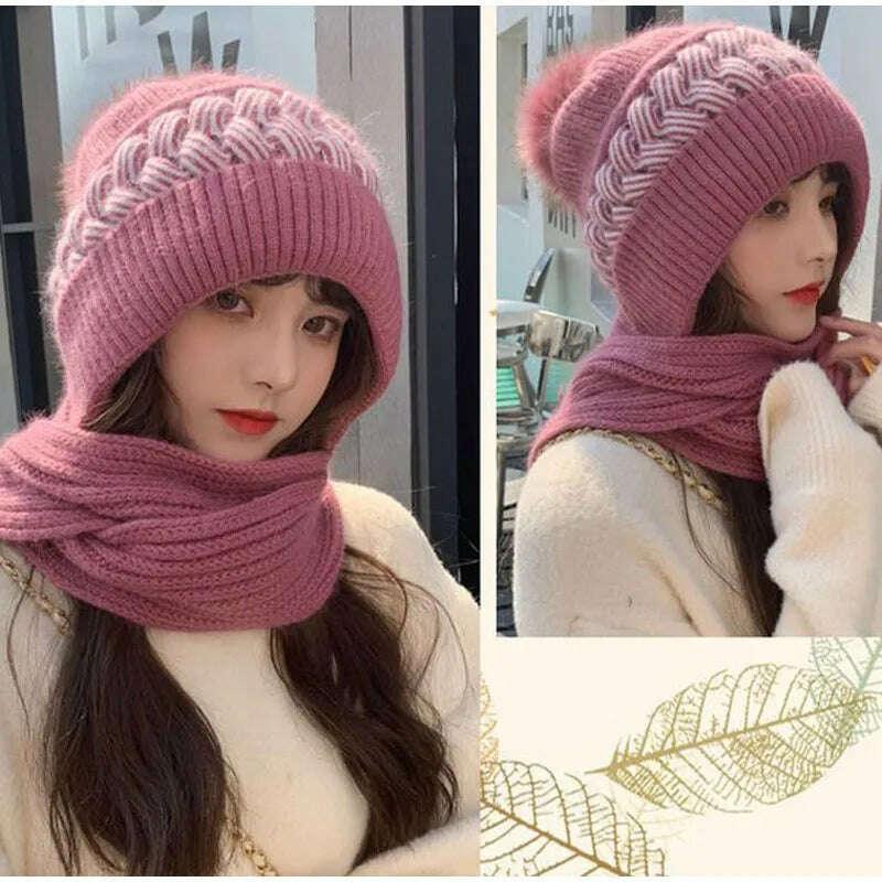 KIMLUD, New Women Winter Caps Beanies Thick Woolen Knitted Hat Scarf Set Knitted Bonnet Outdoor Ski Female Rabbit Hair Warm Headgear, KIMLUD Womens Clothes