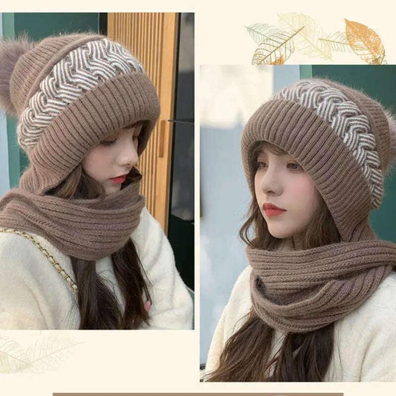 KIMLUD, New Women Winter Caps Beanies Thick Woolen Knitted Hat Scarf Set Knitted Bonnet Outdoor Ski Female Rabbit Hair Warm Headgear, KIMLUD Womens Clothes