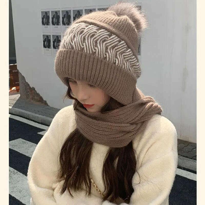 KIMLUD, New Women Winter Caps Beanies Thick Woolen Knitted Hat Scarf Set Knitted Bonnet Outdoor Ski Female Rabbit Hair Warm Headgear, KIMLUD Womens Clothes