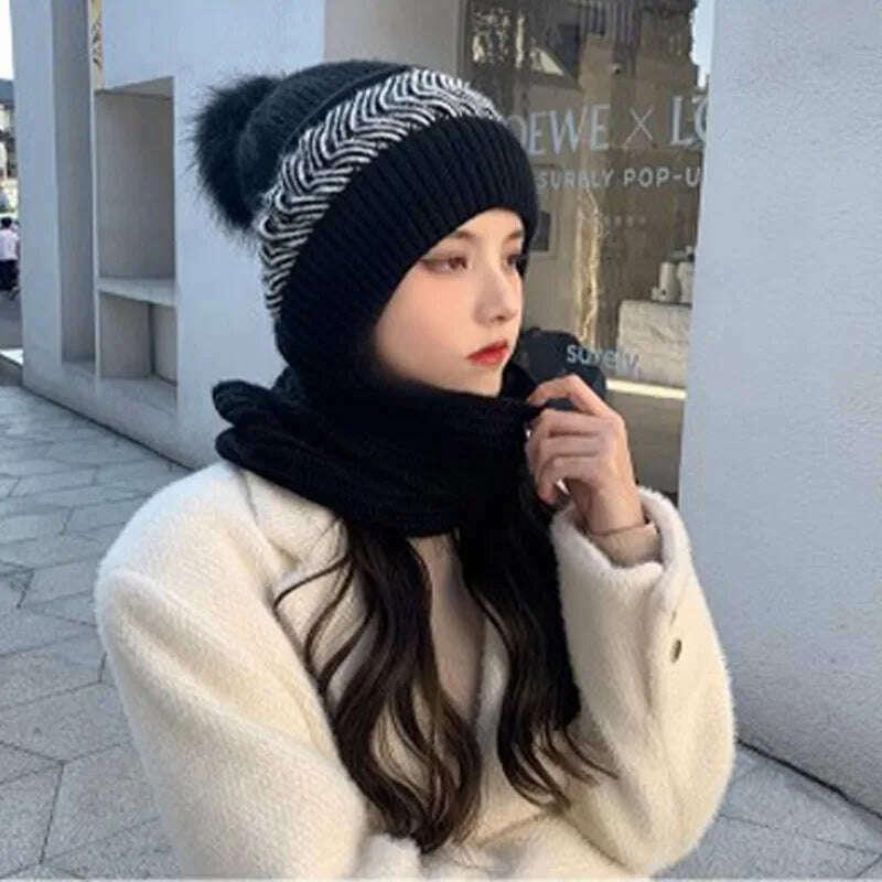 KIMLUD, New Women Winter Caps Beanies Thick Woolen Knitted Hat Scarf Set Knitted Bonnet Outdoor Ski Female Rabbit Hair Warm Headgear, KIMLUD Womens Clothes