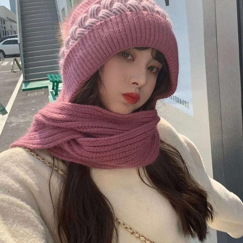 KIMLUD, New Women Winter Caps Beanies Thick Woolen Knitted Hat Scarf Set Knitted Bonnet Outdoor Ski Female Rabbit Hair Warm Headgear, KIMLUD Womens Clothes