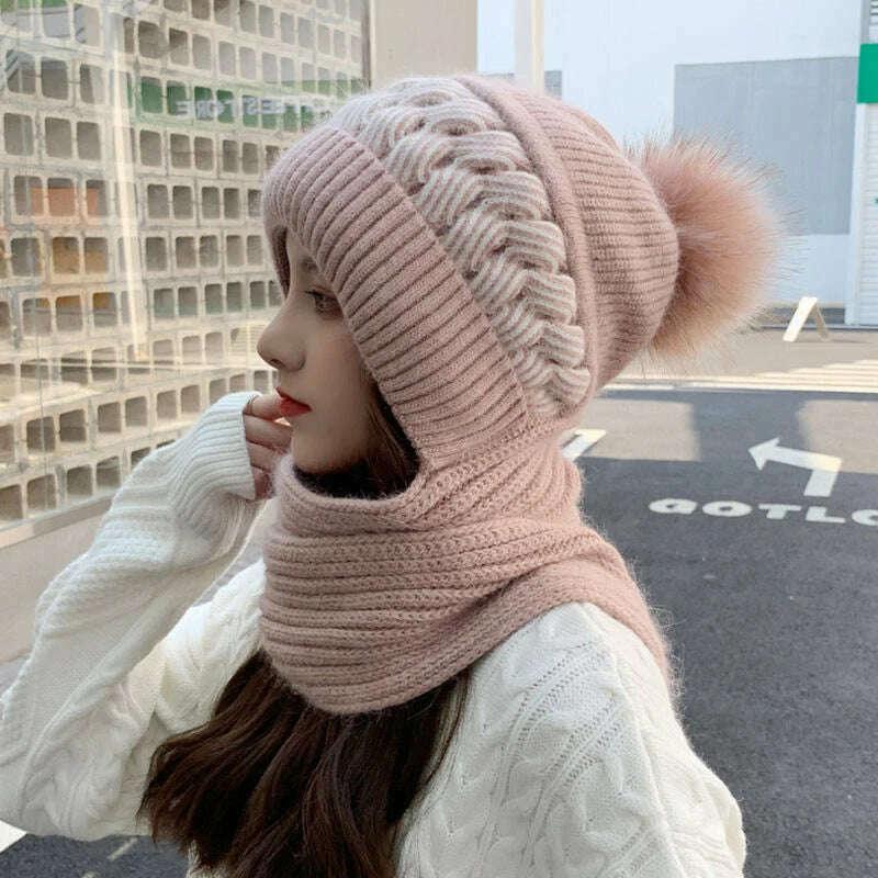 KIMLUD, New Women Winter Caps Beanies Thick Woolen Knitted Hat Scarf Set Knitted Bonnet Outdoor Ski Female Rabbit Hair Warm Headgear, KIMLUD Womens Clothes