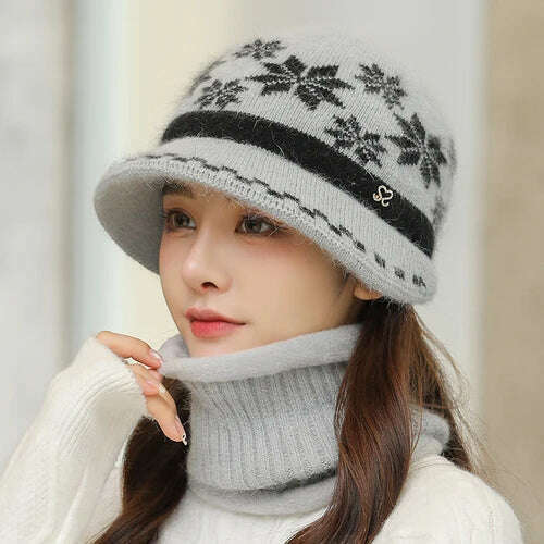 KIMLUD, New Women Winter Hat Keep Warm Cap Hat & Scarf Set Fashion Hats For Women Casual Rabbit Fur Outdoor Knitted Bucket Hat, KIMLUD Womens Clothes