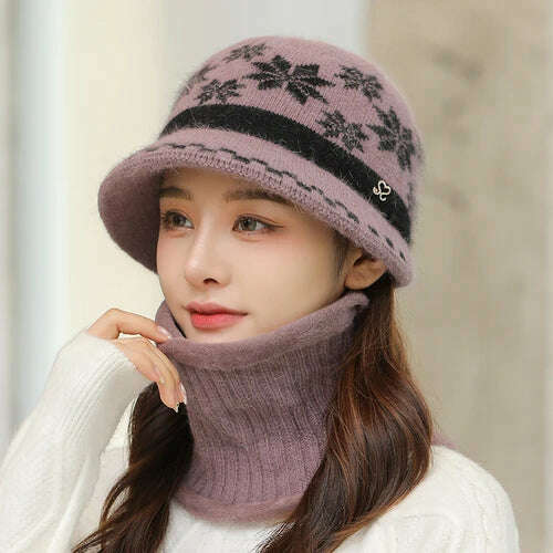 KIMLUD, New Women Winter Hat Keep Warm Cap Hat & Scarf Set Fashion Hats For Women Casual Rabbit Fur Outdoor Knitted Bucket Hat, Taro purple / Hat-bib, KIMLUD APPAREL - Womens Clothes