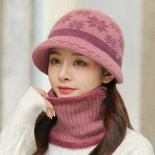 KIMLUD, New Women Winter Hat Keep Warm Cap Hat & Scarf Set Fashion Hats For Women Casual Rabbit Fur Outdoor Knitted Bucket Hat, Hide powder / Hat-bib, KIMLUD APPAREL - Womens Clothes